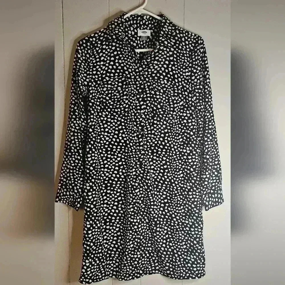 Old Navy Shirt Dress Henley Quarter Button Front A-Line Dress White Hearts, XS
